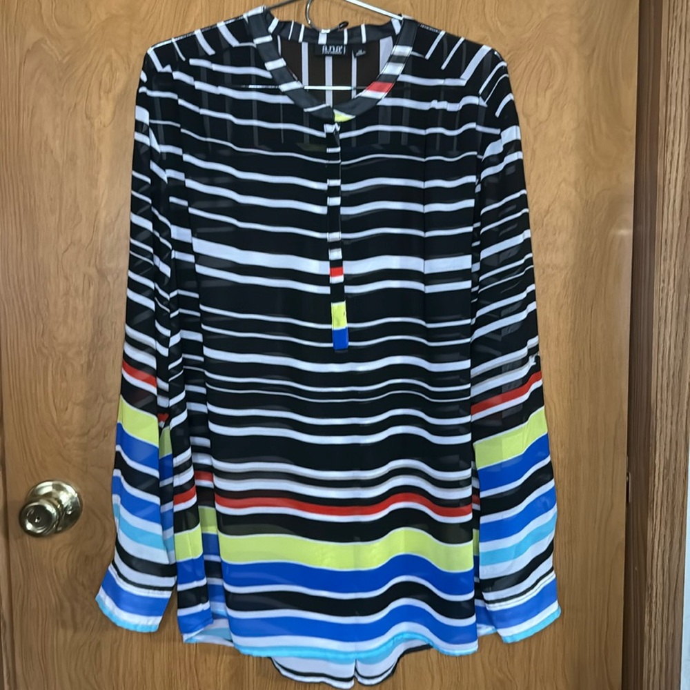 a.n.a. Sheer black and multi-color striped top size 1X